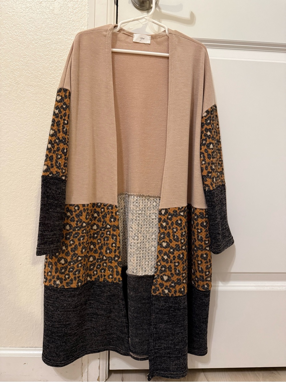 12 Pm By Mon Ami Beige Black and Leopard Colorblock Open Cardigan